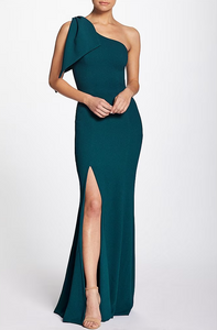 dress the population green one shoulder gown with bow