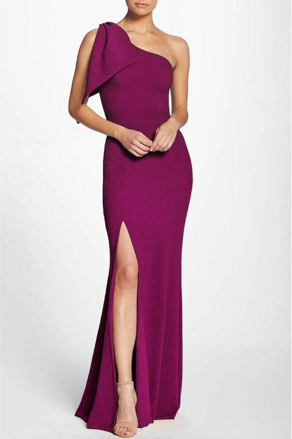 S - dress the population magenta one shoulder gown with bow