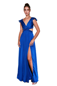 dylan & david royal blue strappy cutout satin gown