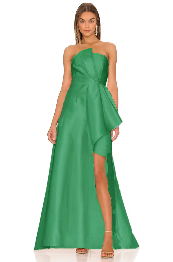 M - elliatt green asymmetrical raw edged gown