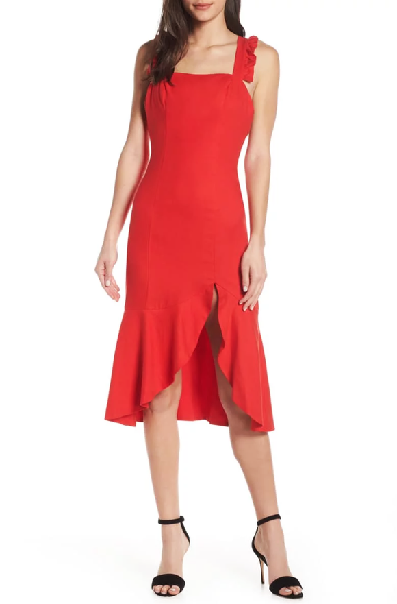 XXS - finders keepers red ruffle slit midi dress