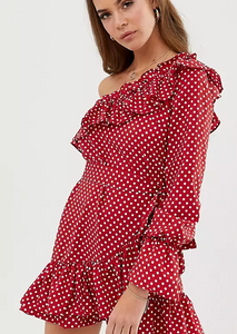 10 - asos in the style red one shoulder polka dot dress