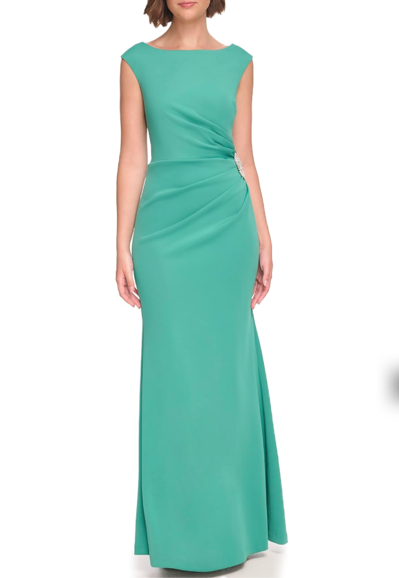 14 - jessica howard green boat neck ruched fitted gown
