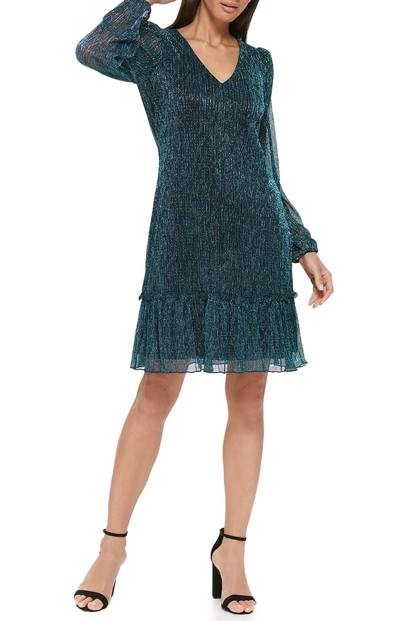 8 - kensie teal long sleeve metallic cocktail dress