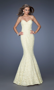 0 - la femme yellow strapless lace gown