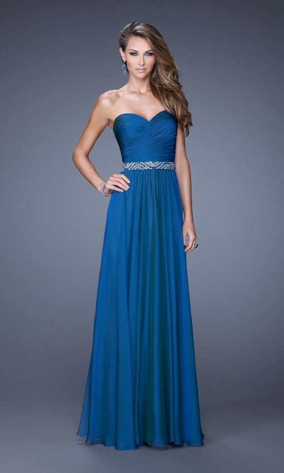 10 - la femme blue pleated wrap bodice gown with embellished waist