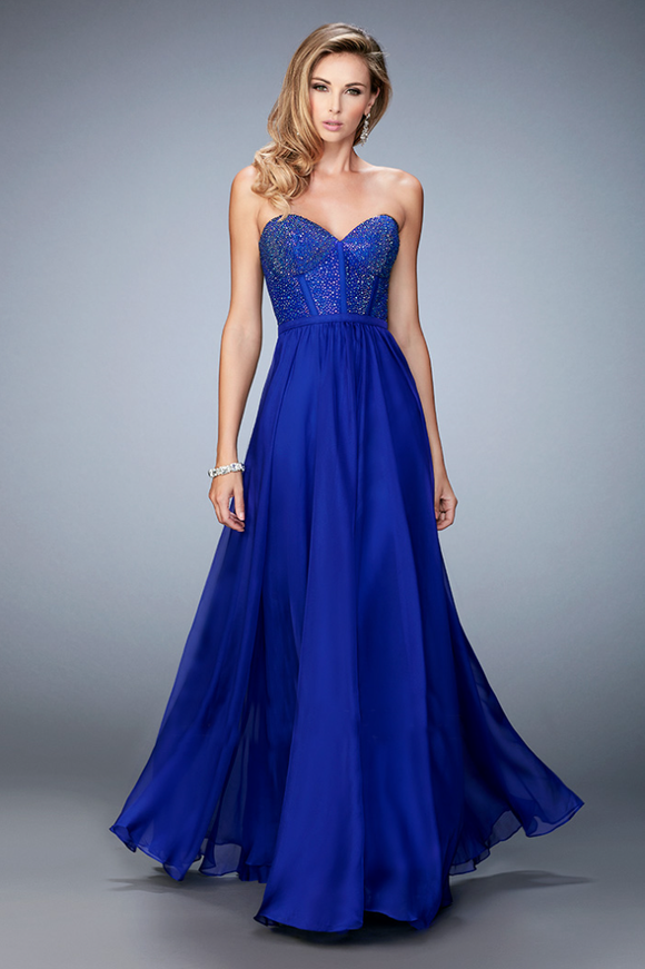 la femme blue beaded & corseted strapless gown