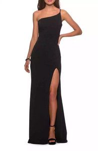 6 - la femme black one shoulder jersey gown