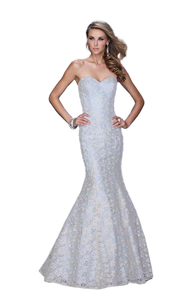 2 - la femme blue mermaid gown with champagne lace overlay