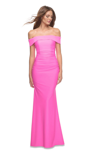 2 - la femme hot pink off the shoulder stretch satin gown