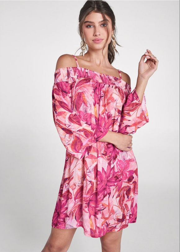 2 - lascana pink floral cold shoulder dress