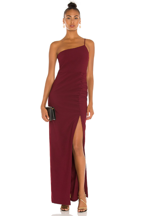 4 - likely burgundy one shoulder ruched gown