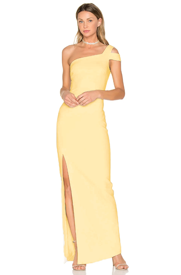 6 - likely light yellow one shoulder gown