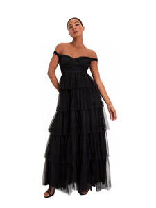 S - lulus black off the shoulder tiered maxi dress