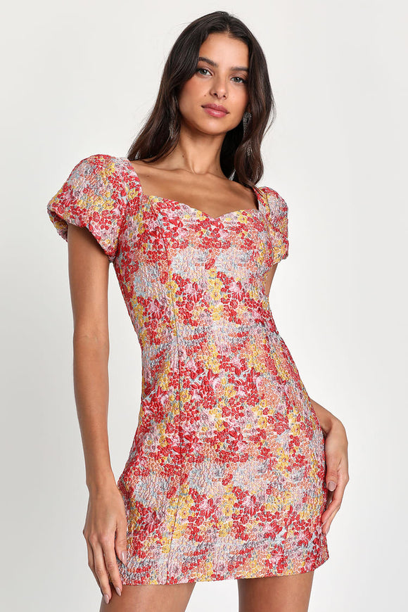 lulus puff sleeve floral jacquard mini dress