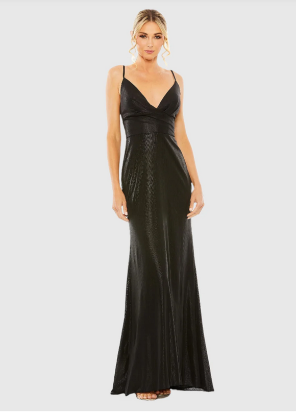 8 - mac duggal black metallic faux wrap gown