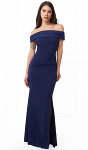 8 - marina navy off the shoulder fitted gown