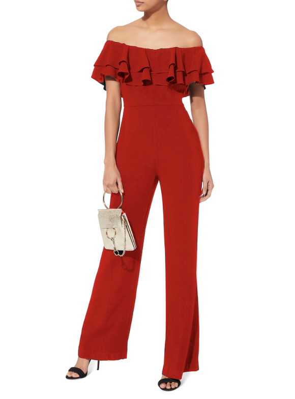 6 - marina red off the shoulder ruffle jumpsuit