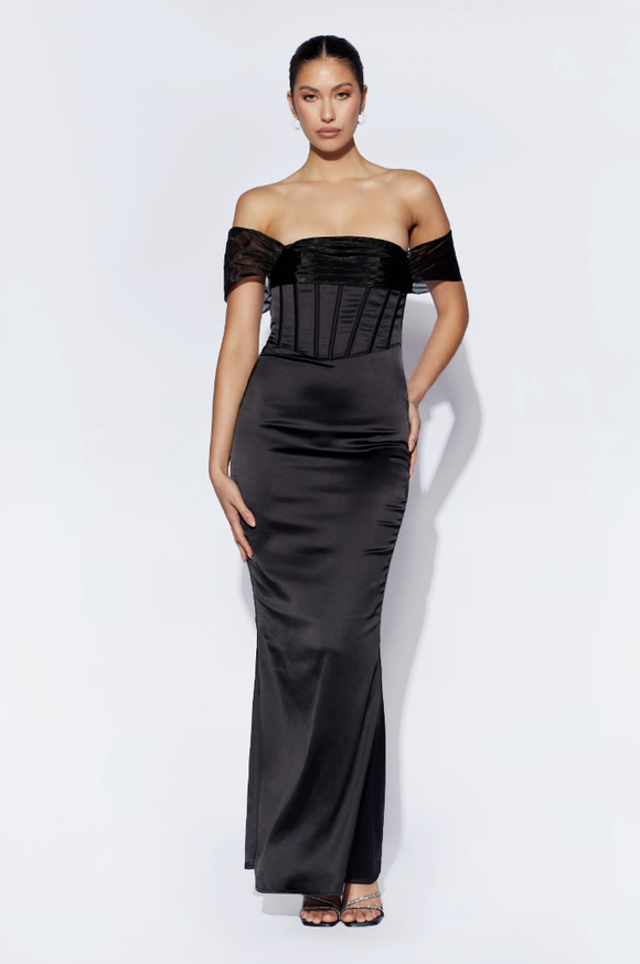 S - meshki black satin corset gown
