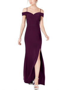 3 - morgan & co. purple cold shoulder gown