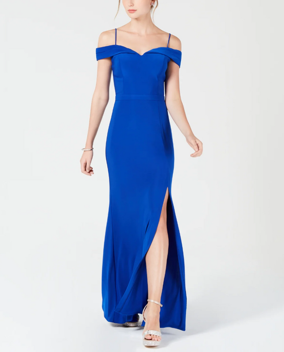 5 - morgan & co. royal blue cold shoulder gown