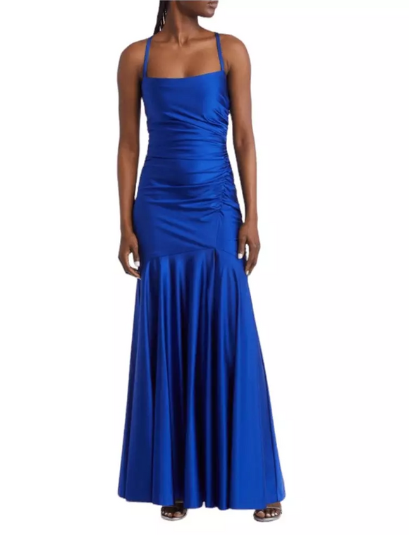 9 - morgan & co. royal blue ruched strappy gown