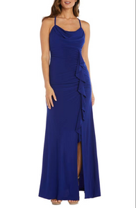 9 - morgan & co blue cowl neck ruffle gown