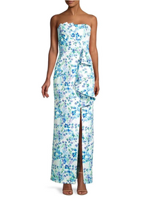 4 - parker blue floral strapless draped gown