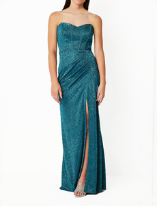 5 - pear culture glitter teal strapless corset gown