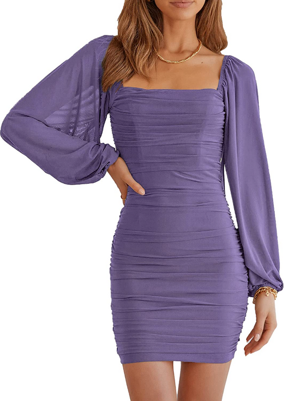 ssb purple square neck lantern sleeve ruched bodycon dress