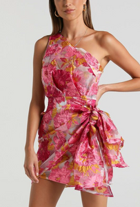 10 - reverse pink floral jacquard one shoulder dress