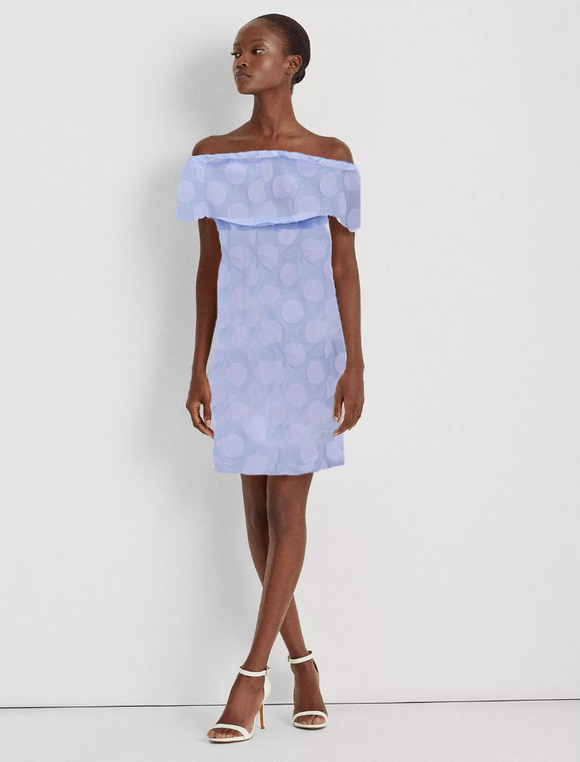 XXS - sail to sable blue off the shoulder polka dot dress