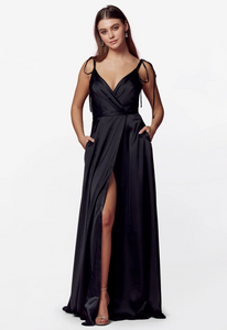 ssb black faux wrap satin gown