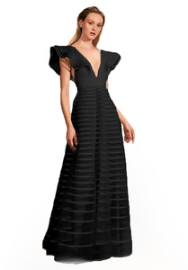 10 - ssb black striped ruffle sleeve gown
