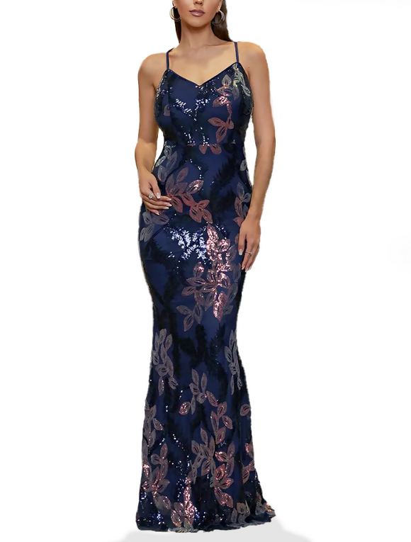 M - ssb blue & pink floral sequined gown