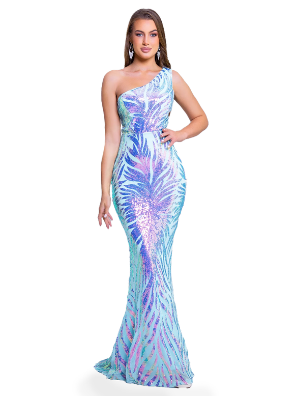 S - ssb blue iridescent sequin one shoulder gown