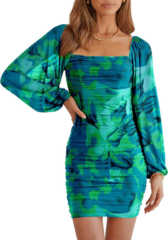 S - ssb green abstract lantern sleeve ruched bodycon dress