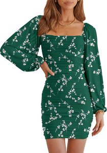 XL - ssb green floral lantern sleeve ruched bodycon dress