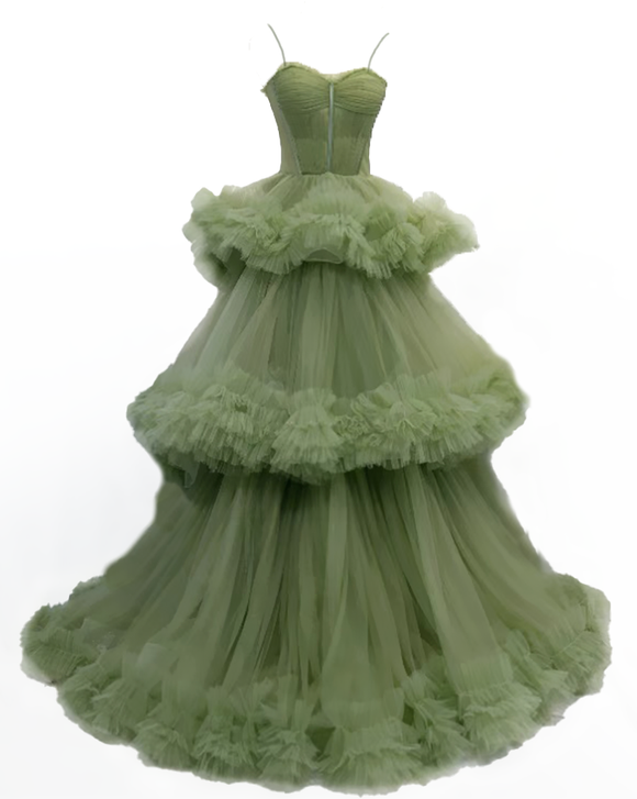 6 - ssb green tiered ruffle tulle gown