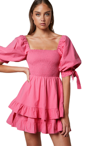 M - ssb hot pink puff sleeve babydoll dress