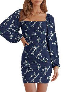 S - ssb navy floral mesh sleeve ruched bodycon dress