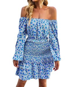 L - ssb blue off shoulder floral smocked dress