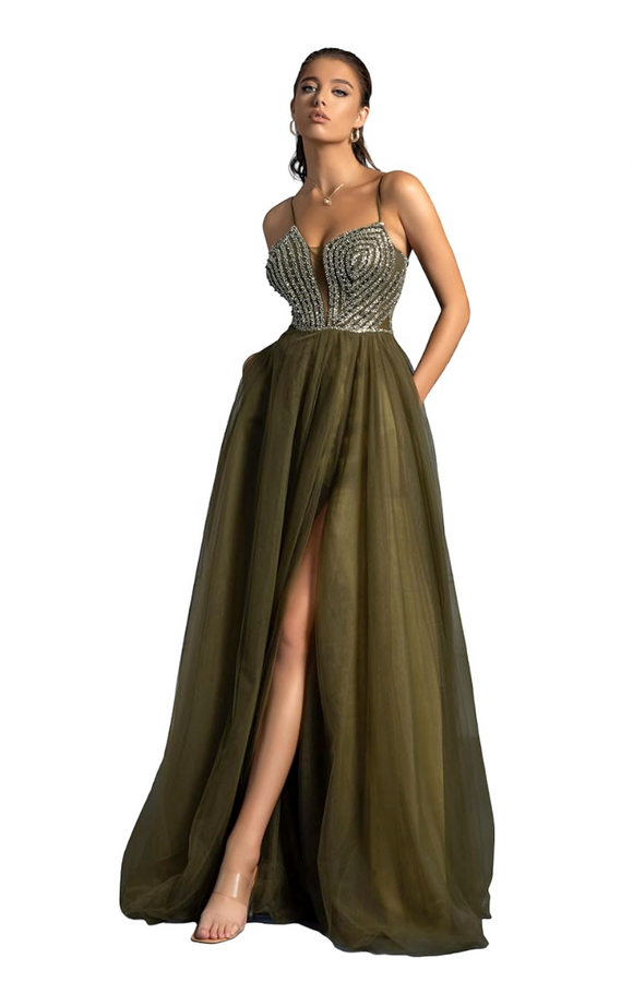 S - ssb olive green embellished bodice tulle gown