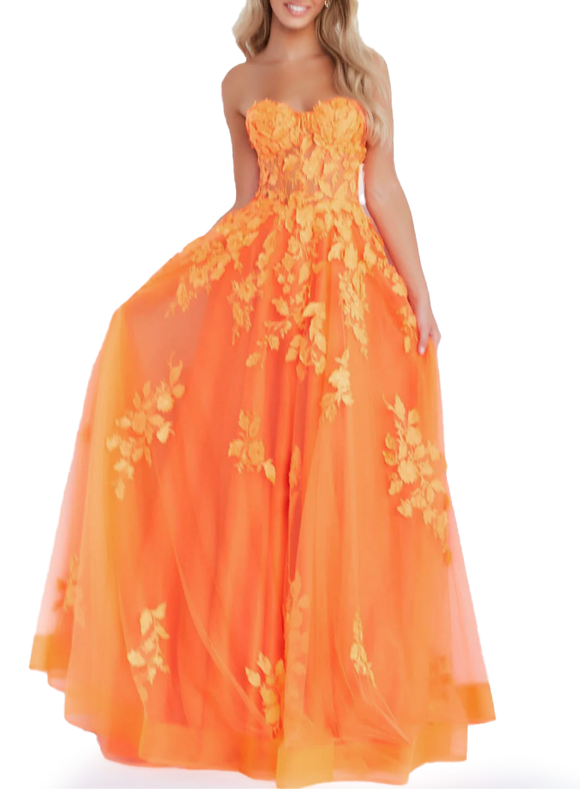 2 - ssb orange strapless floral applique tulle ball gown