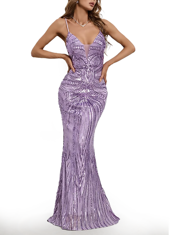 M - ssb purple patterned sequin gown