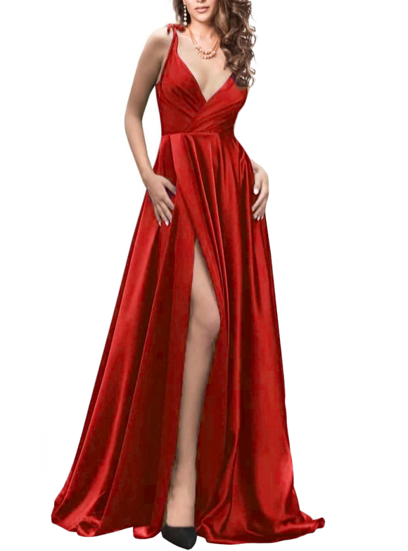 10 - ssb red faux wrap satin gown