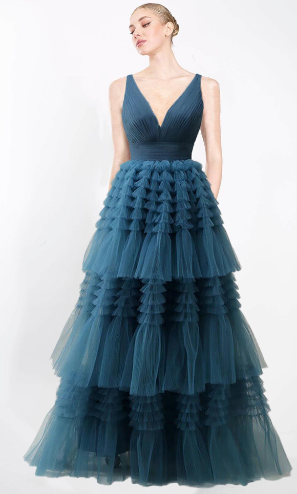 4 - ssb teal tiered tulle ruffle ball gown