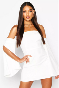 M -ssb white off the shoulder split long sleeve mini dress