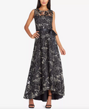 10 - tahari black embroidered high low gown