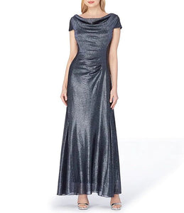 6 - tahari silver metallic ruched gown